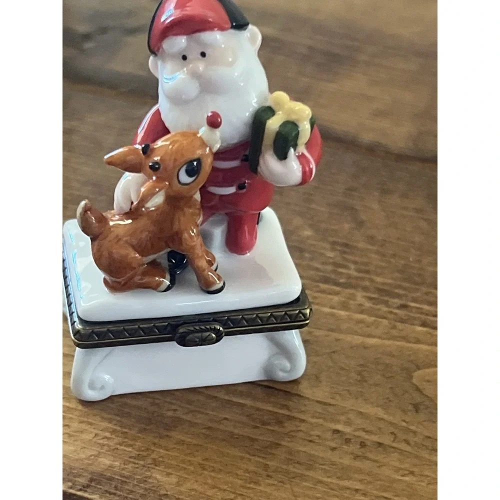 PHB Midwest of Cannon Falls Rudolph & Santa Porcelain Hinged Trinket Box 1999